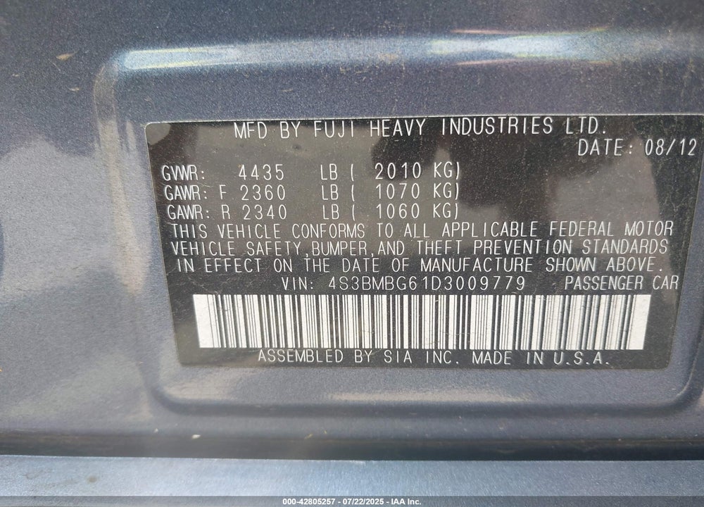 2013 SUBARU LEGACY VIN: 4S3BMBG61D3009779