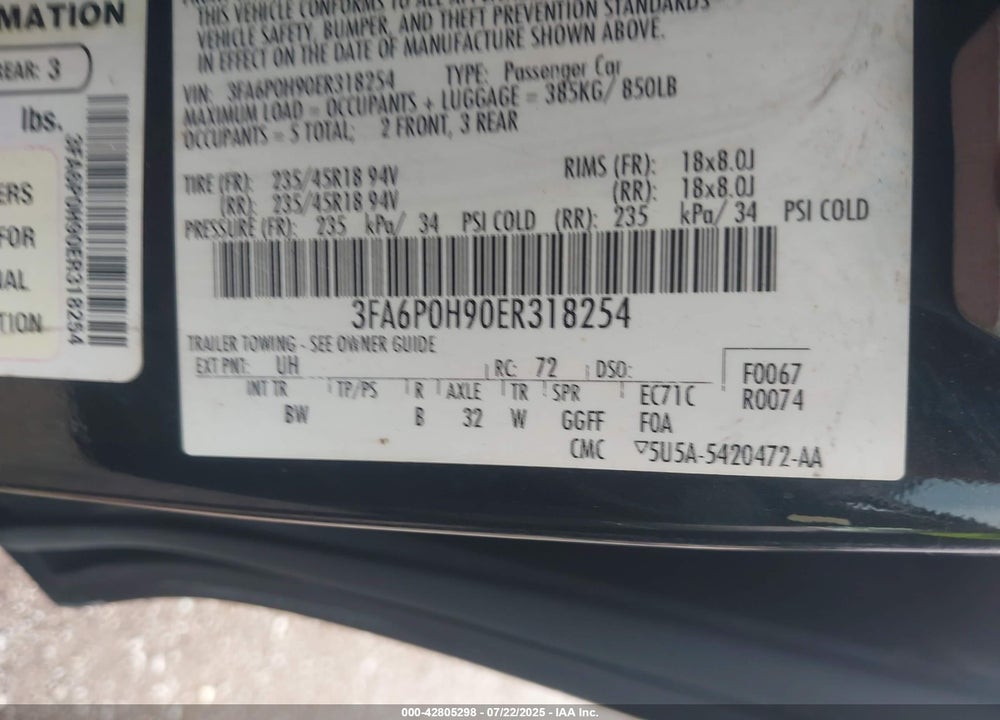 2014 FORD FUSION SE VIN: 3FA6P0H90ER318254
