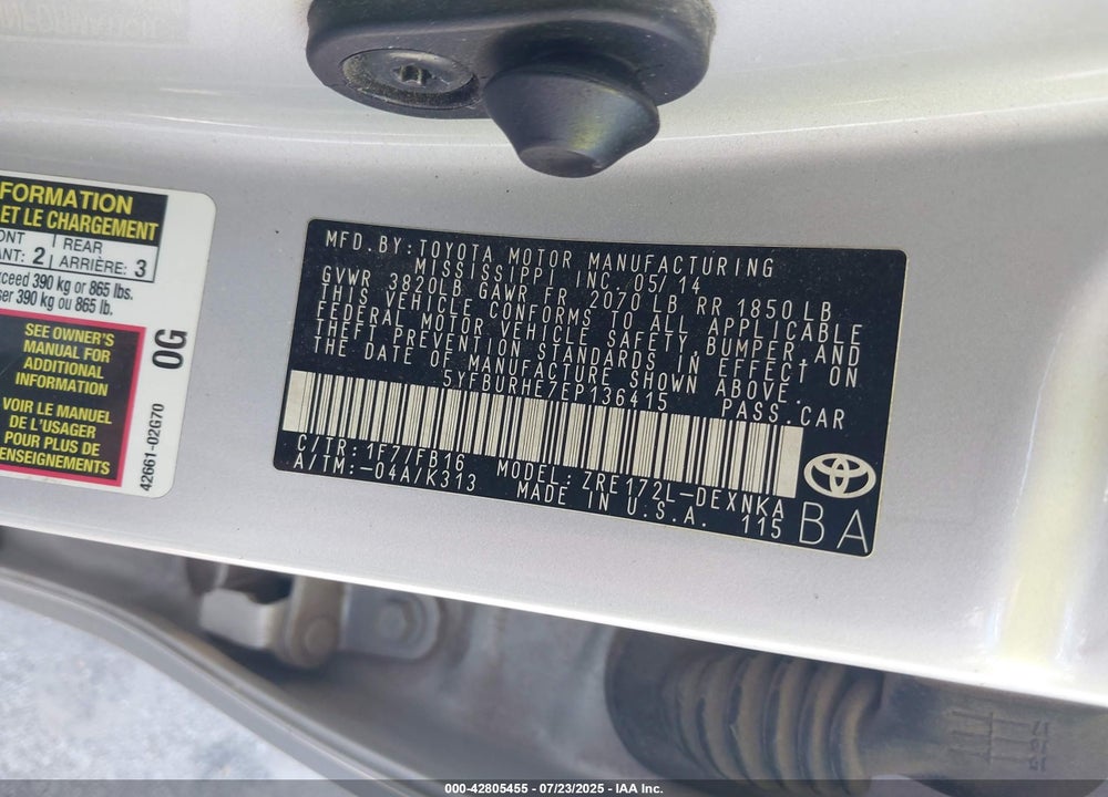 2014 TOYOTA COROLLA VIN: 5YFBURHE7EP136415