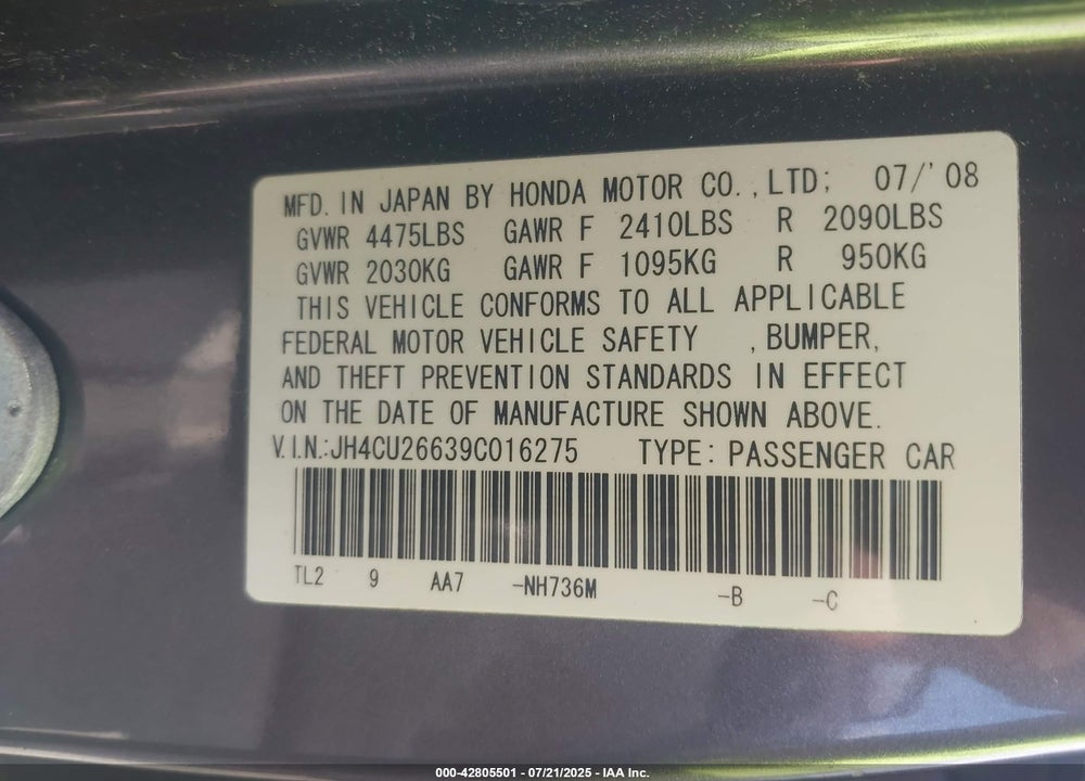 2009 ACURA TSX VIN: JH4CU26639C016275