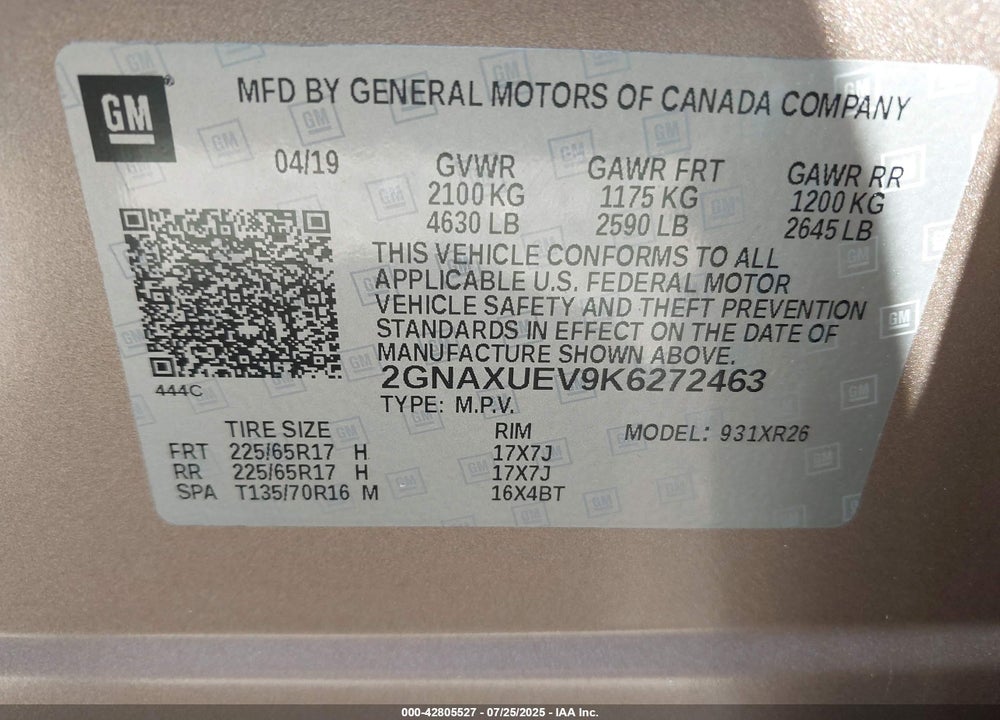 2019 CHEVROLET EQUINOX VIN: 2GNAXUEV9K6272463
