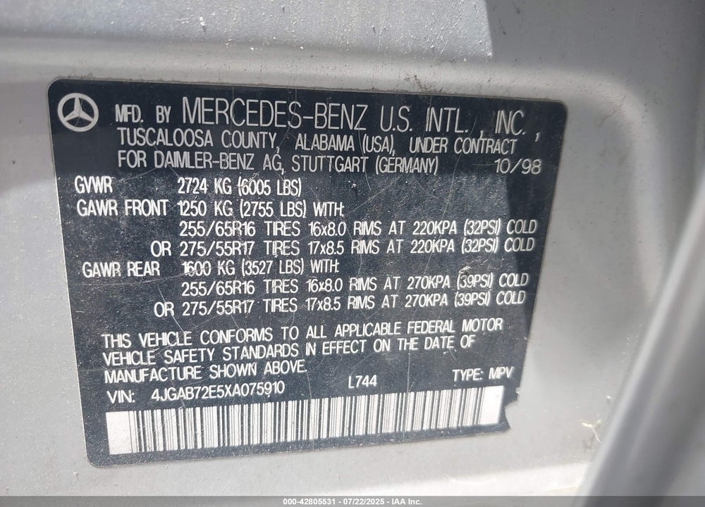 1999 MERCEDES-BENZ ML 430 VIN: 4JGAB72E5XA075910