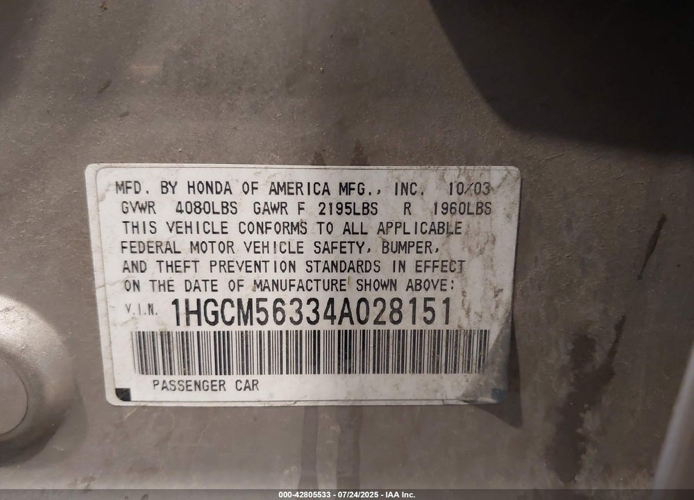 2004 HONDA ACCORD VIN: 1HGCM56334A028151
