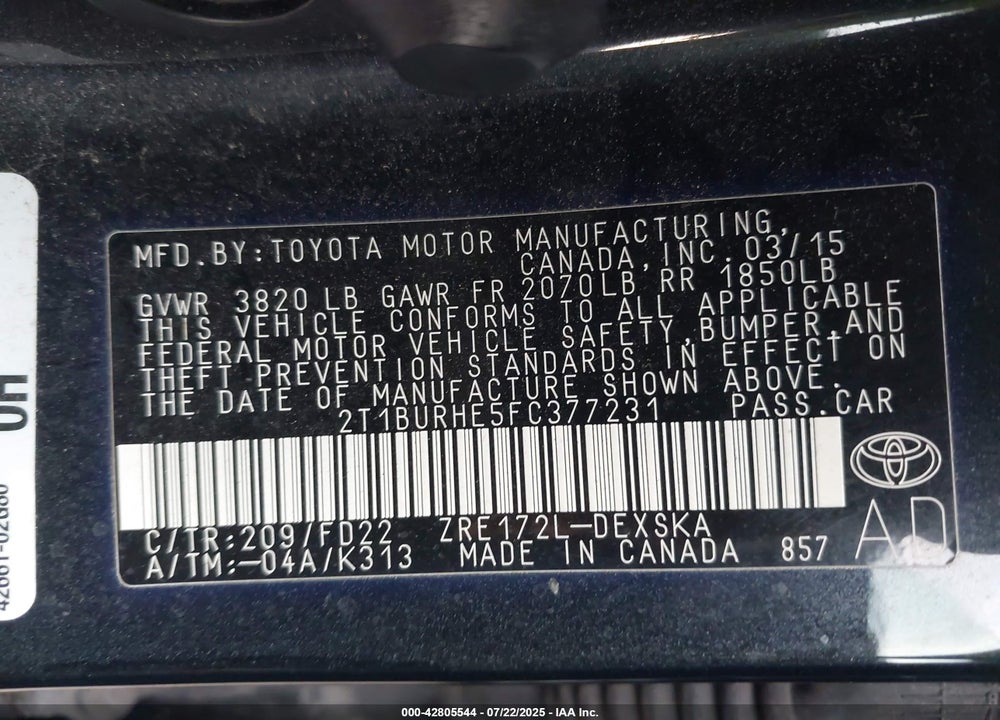 2015 TOYOTA COROLLA VIN: 2T1BURHE5FC377231