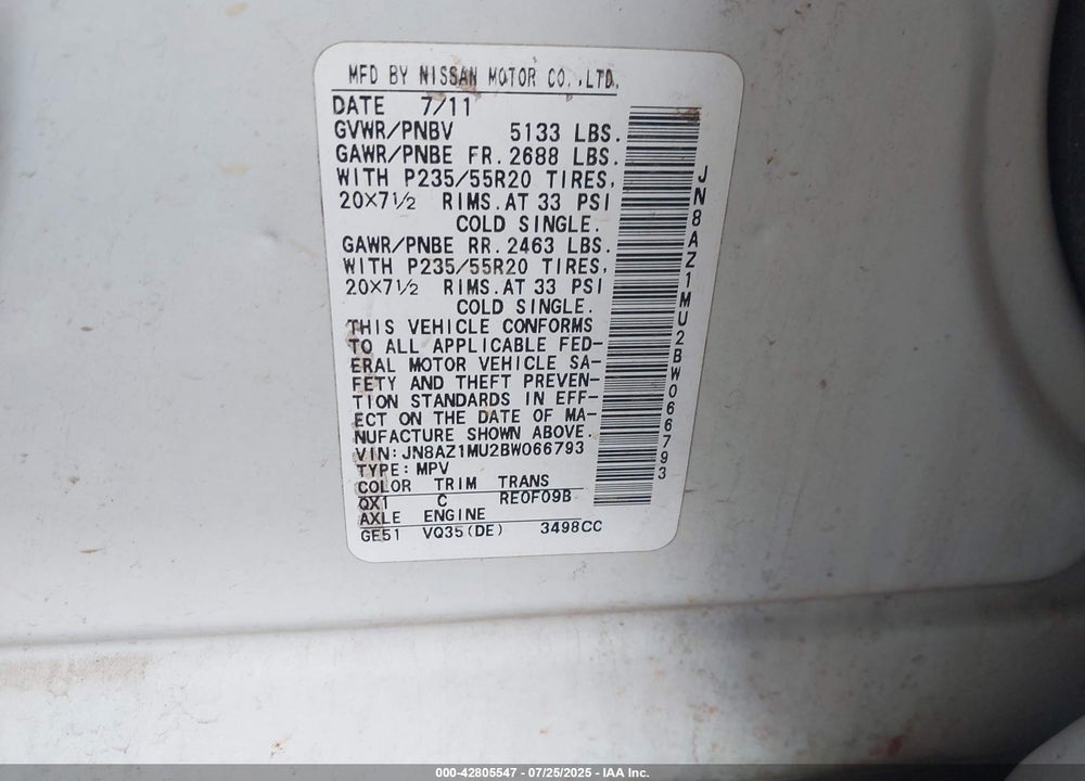 2011 NISSAN MURANO VIN: JN8AZ1MU2BW066793