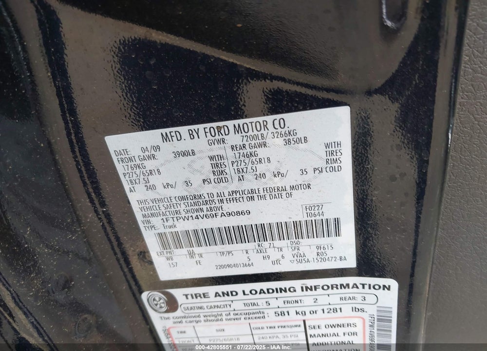 2009 FORD F-150 VIN: 1FTPW14V69FA90869