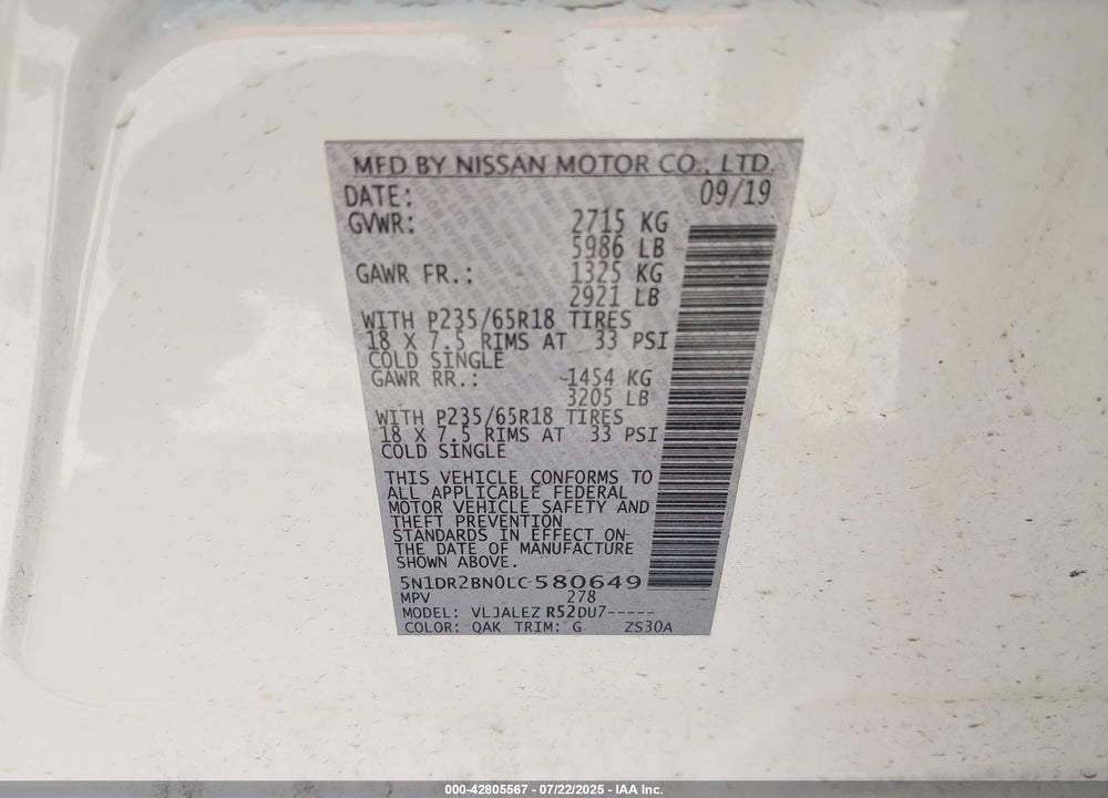 2020 NISSAN PATHFINDER VIN: 5N1DR2BN0LC580649