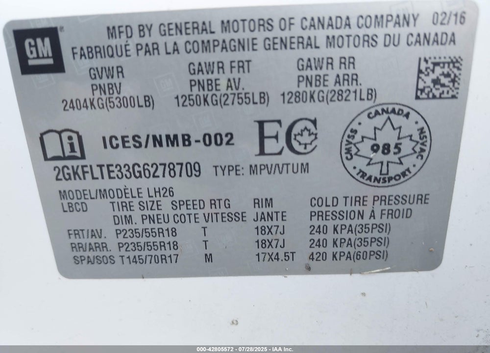 2016 GMC TERRAIN SLE-2 VIN: 2GKFLTE33G6278709