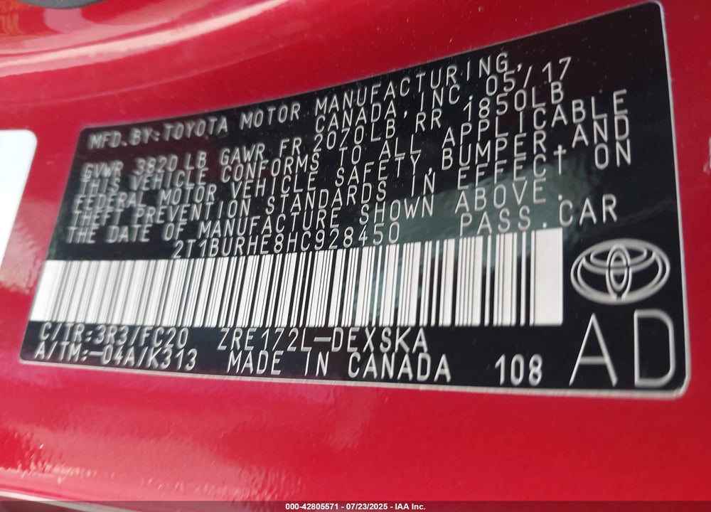 2017 TOYOTA COROLLA VIN: 2T1BURHE8HC928450