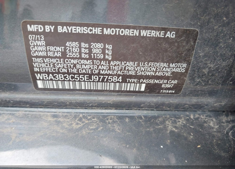 2014 BMW 3 SERIES VIN: WBA3B3C55EJ977584