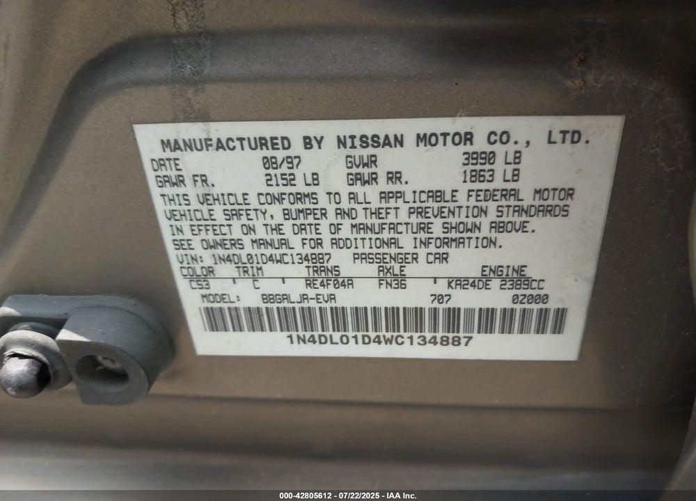 1998 NISSAN ALTIMA GLE/GXE/SE/XE VIN: 1N4DL01D4WC134887