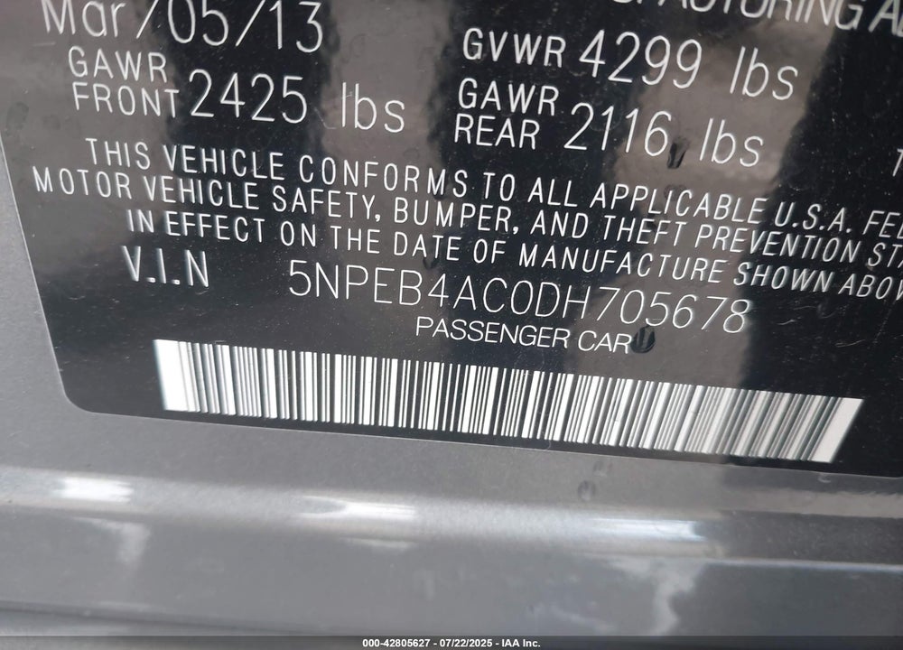 2013 HYUNDAI SONATA VIN: 5NPEB4AC0DH705678