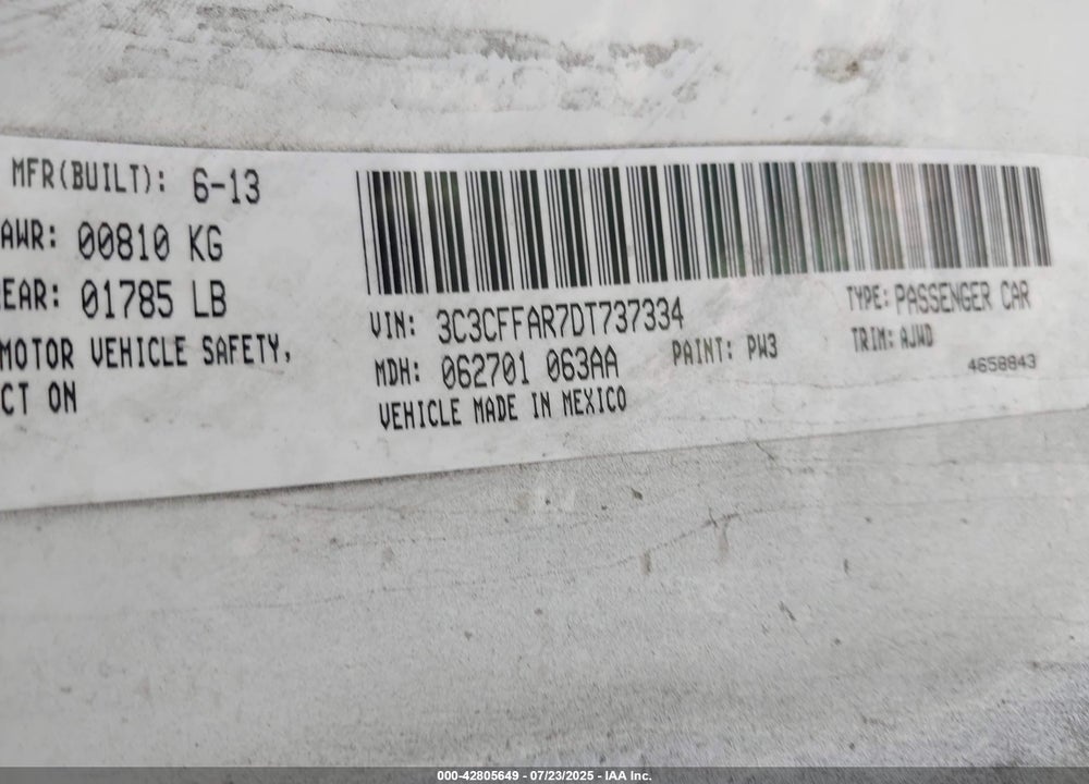2013 FIAT 500 VIN: 3C3CFFAR7DT737334