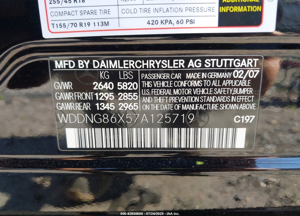 2007 MERCEDES-BENZ S CLASS VIN: WDDNG86X57A125719
