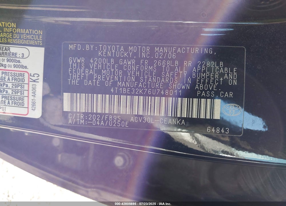 2006 TOYOTA CAMRY VIN: 4T1BE32K76U748011