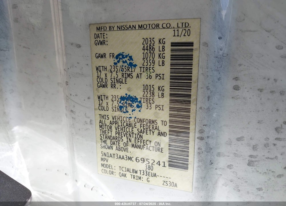 2021 NISSAN ROGUE VIN: 5N1AT3AA3MC695241