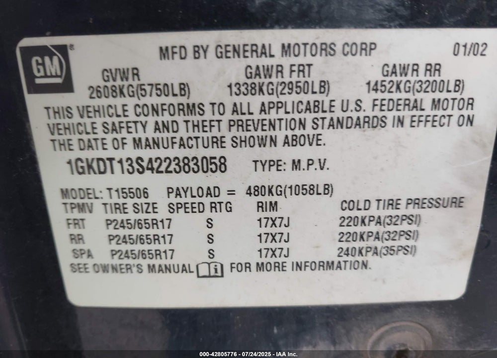 2002 GMC ENVOY VIN: 1GKDT13S422383058