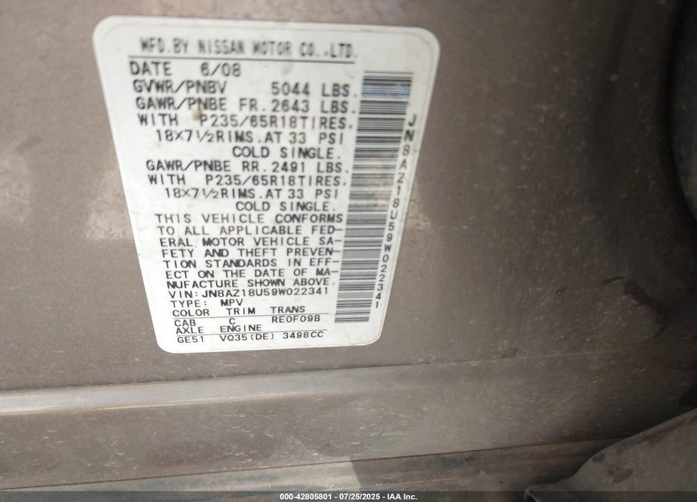 2009 NISSAN MURANO VIN: JN8AZ18U59W022341