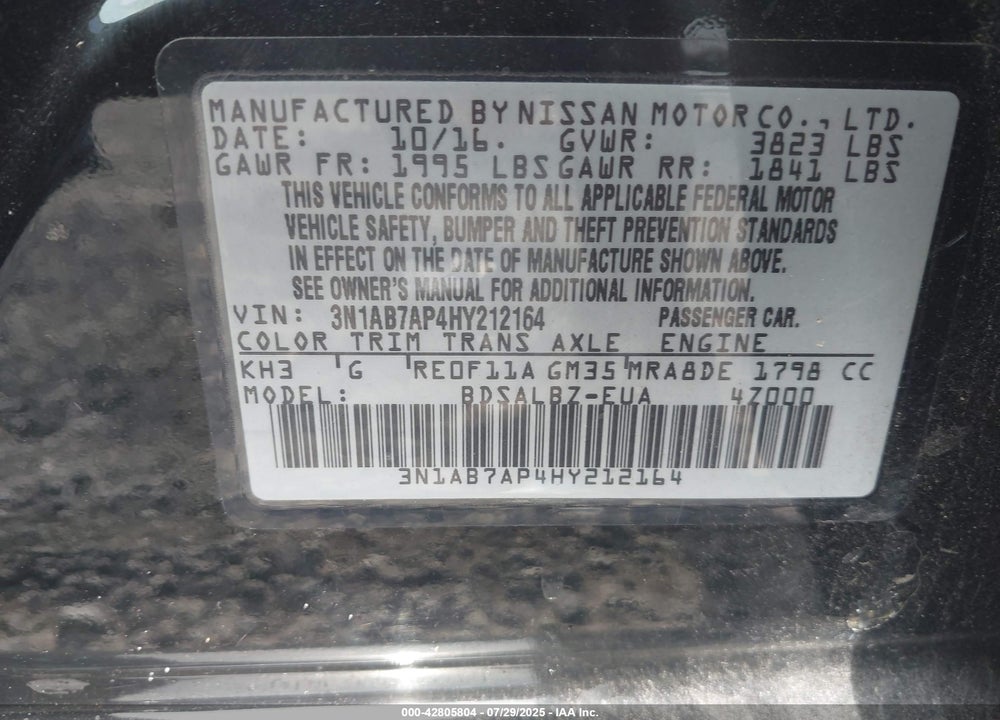 2017 NISSAN SENTRA S VIN: 3N1AB7AP4HY212164