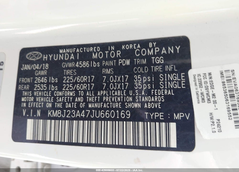 2018 HYUNDAI TUCSON VIN: KM8J23A47JU660169
