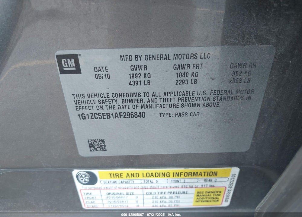 2010 CHEVROLET MALIBU LT VIN: 1G1ZC5EB1AF296840
