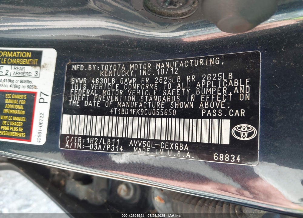 2012 TOYOTA CAMRY HYBRID VIN: 4T1BD1FK9CU055650