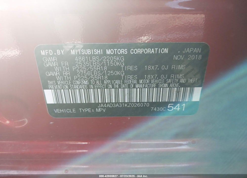 2019 MITSUBISHI OUTLANDER VIN: JA4AD3A31KZ026070