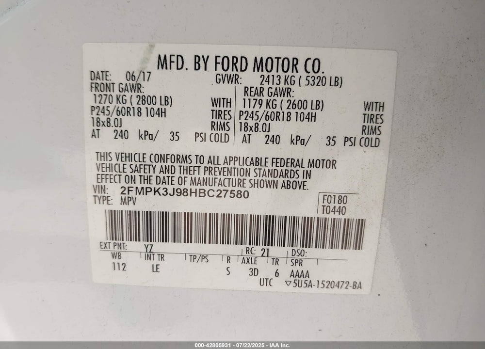 2017 FORD EDGE VIN: 2FMPK3J98HBC27580