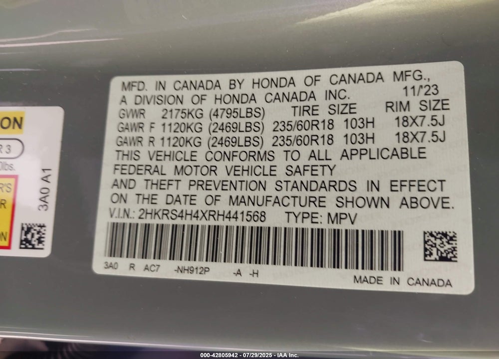 2024 HONDA CR-V EX AWD VIN: 2HKRS4H4XRH441568