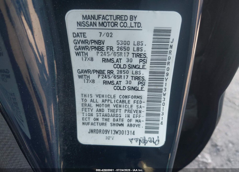2003 INFINITI QX4 VIN: JNRDR09Y13W301314