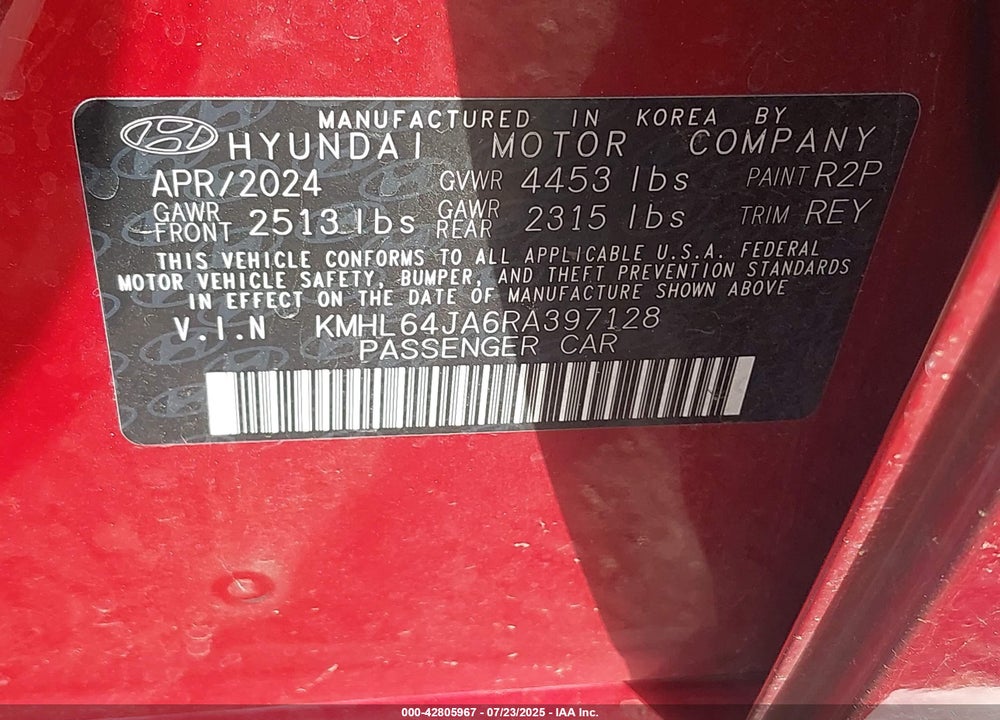 2024 HYUNDAI SONATA VIN: KMHL64JA6RA397128