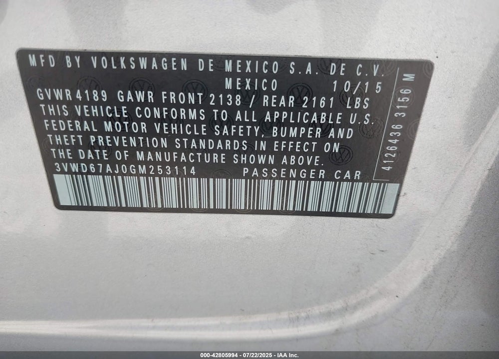 2016 VOLKSWAGEN JETTA VIN: 3VWD67AJ0GM253114