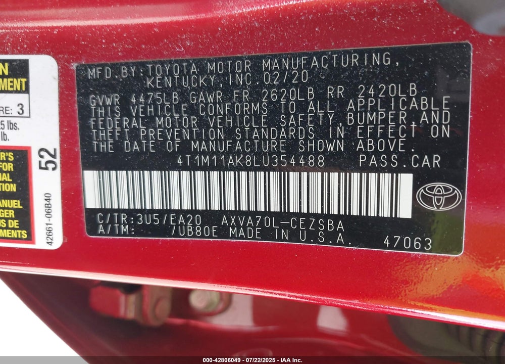 2020 TOYOTA CAMRY VIN: 4T1M11AK8LU354488