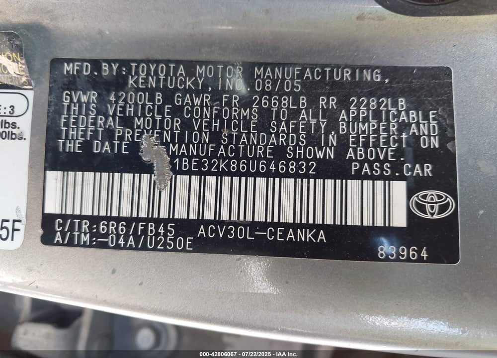 2006 TOYOTA CAMRY VIN: 4T1BE32K86U646832