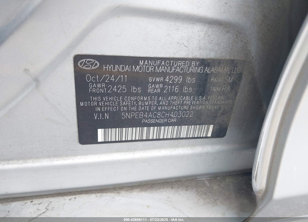 2012 HYUNDAI SONATA VIN: 5NPEB4AC8CH403022