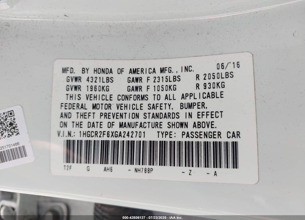 2016 HONDA ACCORD SPORT VIN: 1HGCR2F6XGA242701