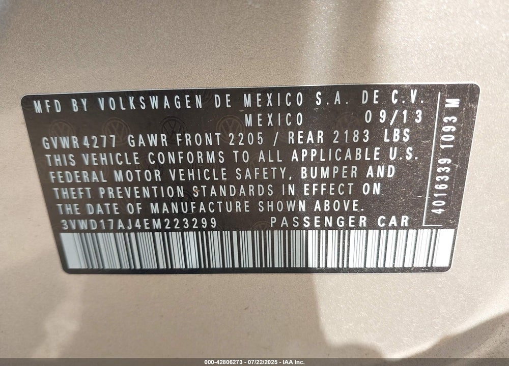 2014 VOLKSWAGEN JETTA VIN: 3VWD17AJ4EM223299