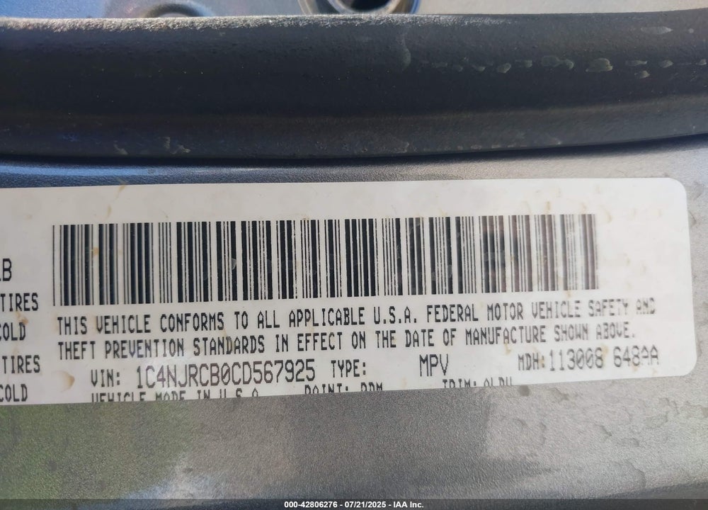 2012 JEEP PATRIOT VIN: 1C4NJRCB0CD567925