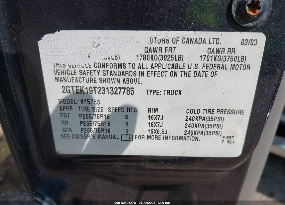 2003 GMC SIERRA 1500 SLT VIN: 2GTEK19T231327785