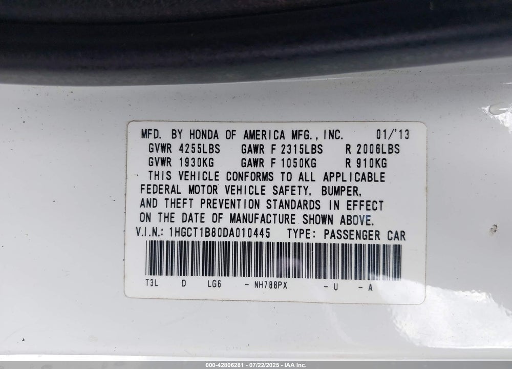 2013 HONDA ACCORD VIN: 1HGCT1B80DA010445