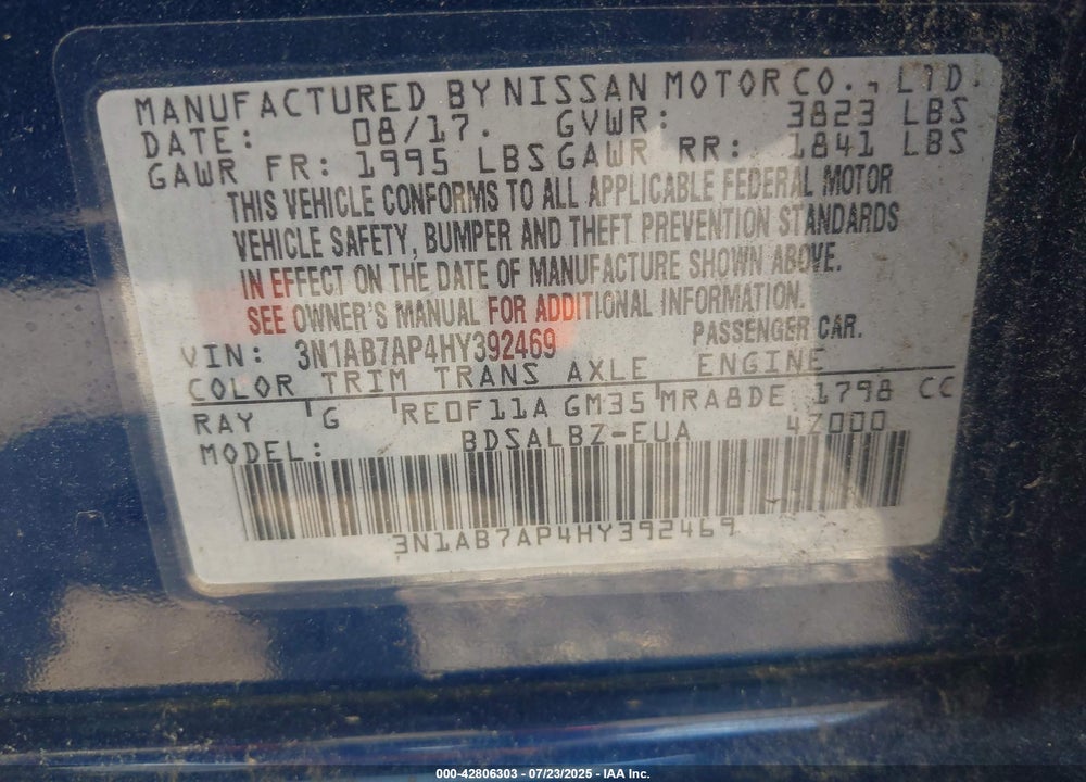 2017 NISSAN SENTRA VIN: 3N1AB7AP4HY392469