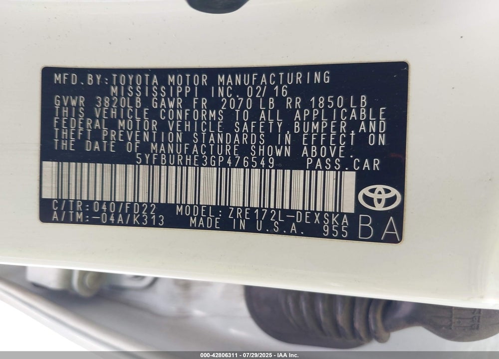2016 TOYOTA COROLLA VIN: 5YFBURHE3GP476549