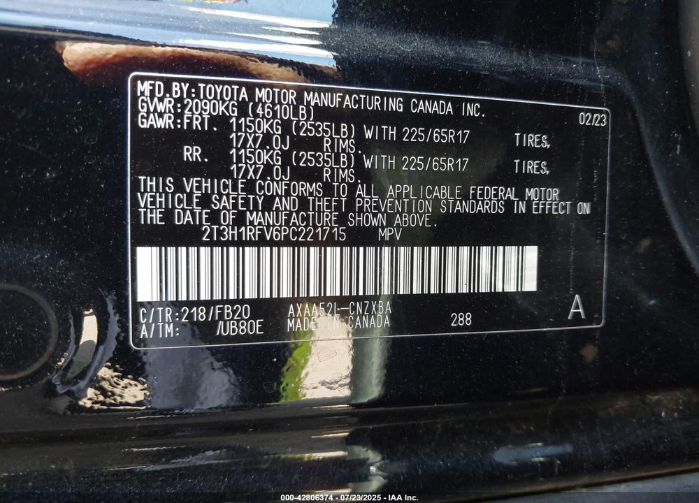 2023 TOYOTA RAV4 VIN: 2T3H1RFV6PC221715