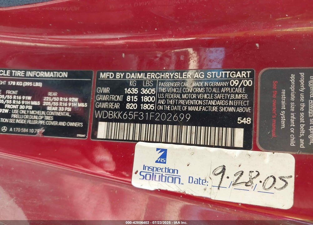 2001 MERCEDES-BENZ SLK 320 VIN: WDBKK65F31F202699