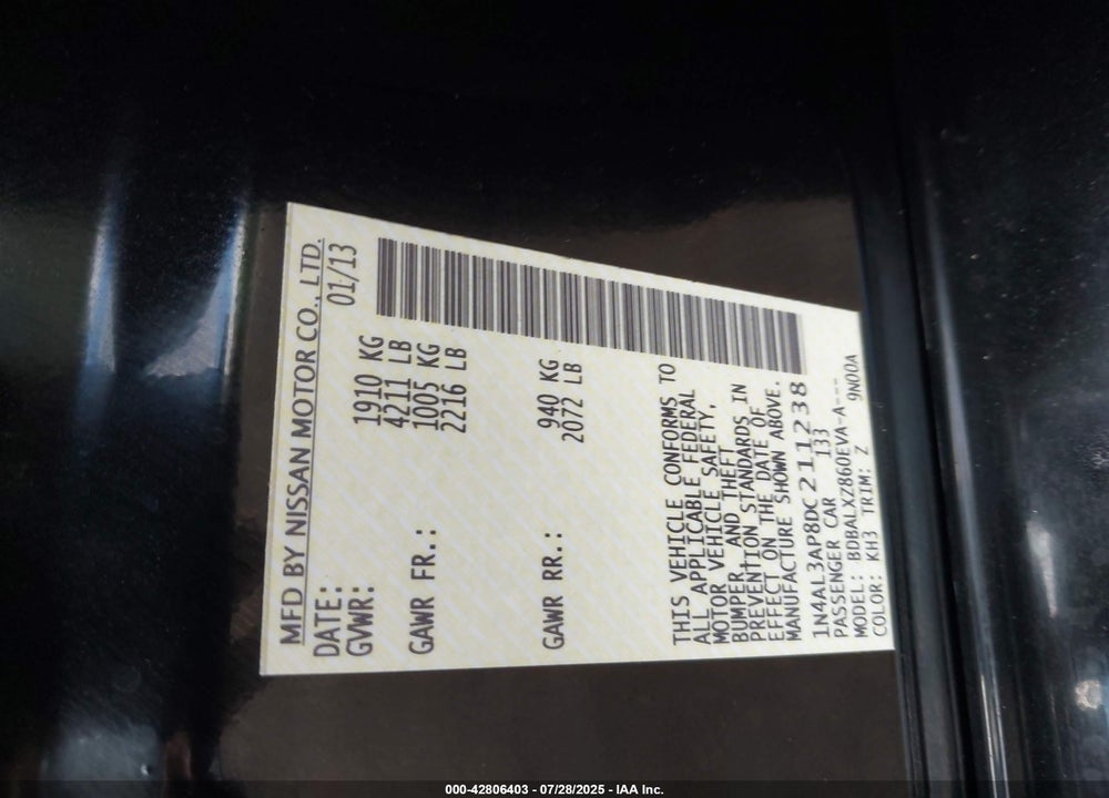2013 NISSAN ALTIMA VIN: 1N4AL3AP8DC211238