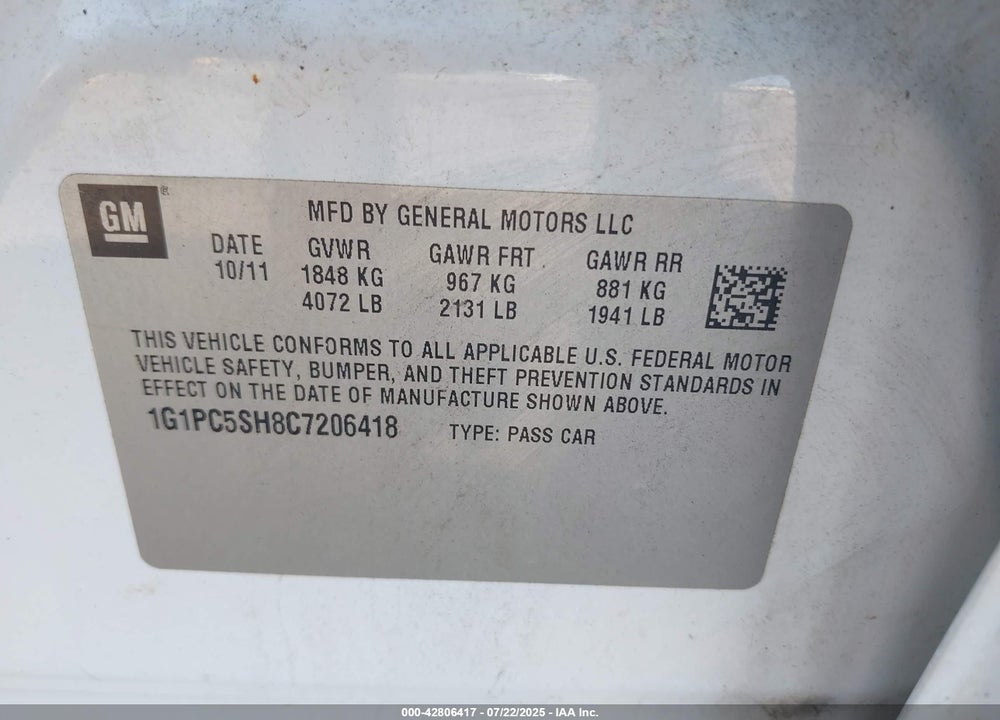 2012 CHEVROLET CRUZE VIN: 1G1PC5SH8C7206418