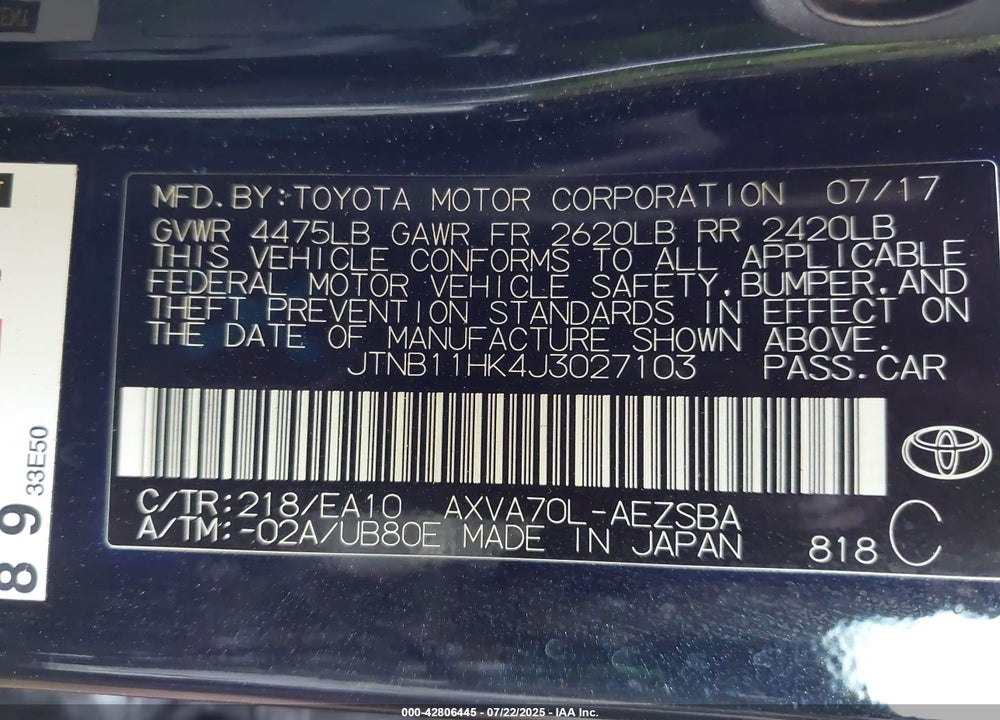 2018 TOYOTA CAMRY SE VIN: JTNB11HK4J3027103