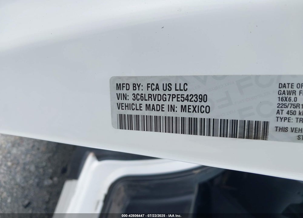 2023 RAM PROMASTER 2500 HIGH ROOF 159 WB VIN: 3C6LRVDG7PE542390