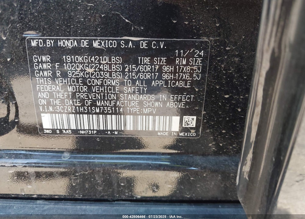 2025 HONDA HR-V VIN: 3CZRZ1H31SM735114