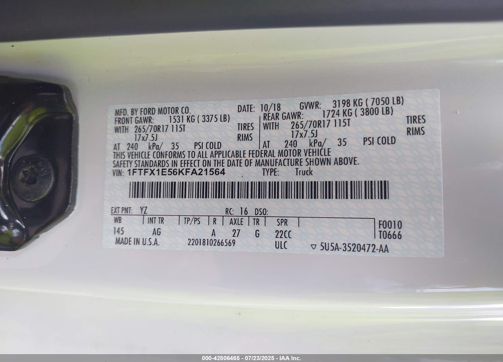 2019 FORD F-150 VIN: 1FTFX1E56KFA21564